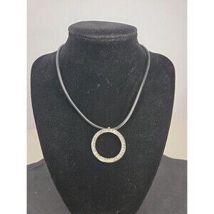Volm Vintage Y2K Black Cord Choker to 18" Silvertone CZ Eternity Circle Pendant